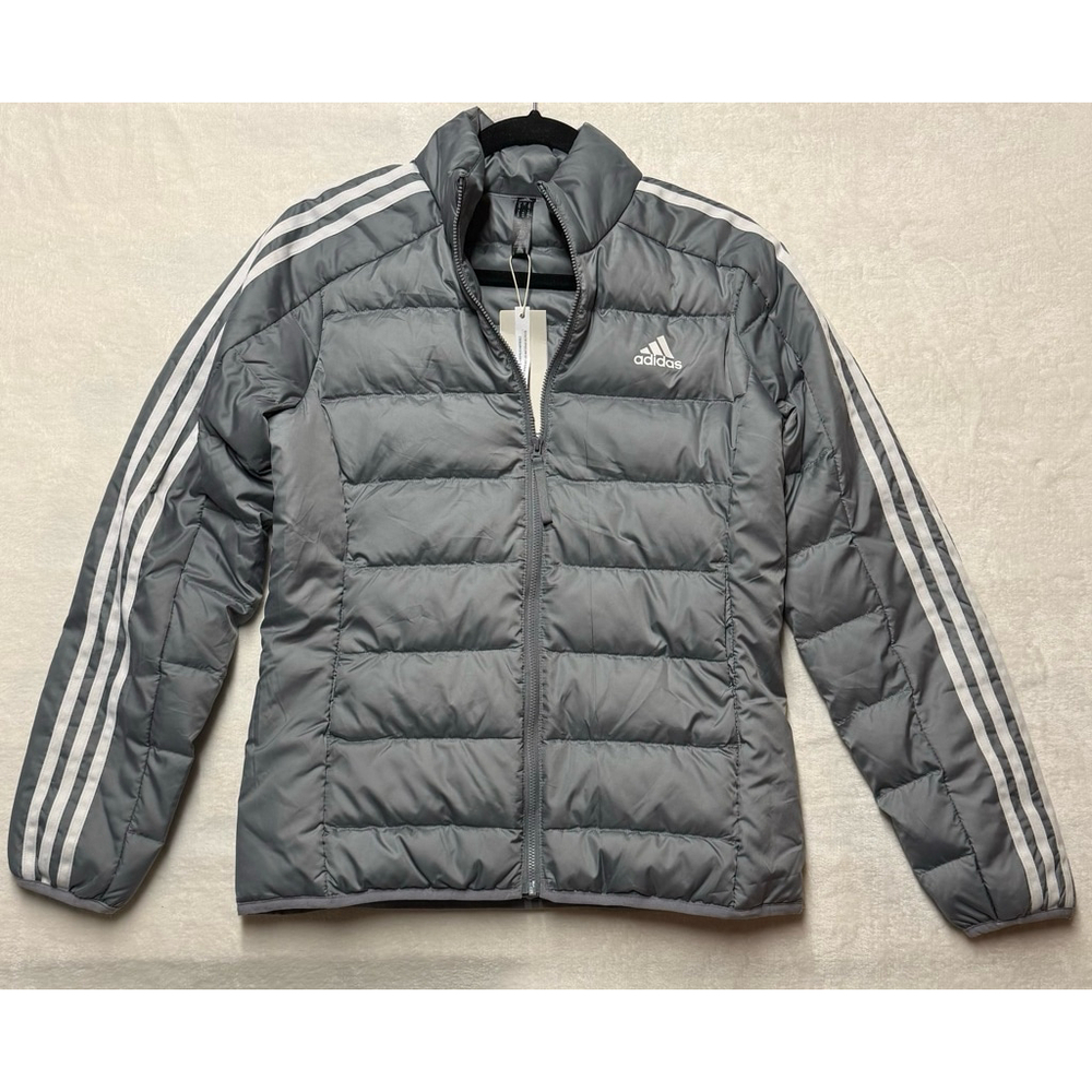 Women's Adidas Gray Puffer Jacket with White Stripes Medium Slim Fit Duck Down